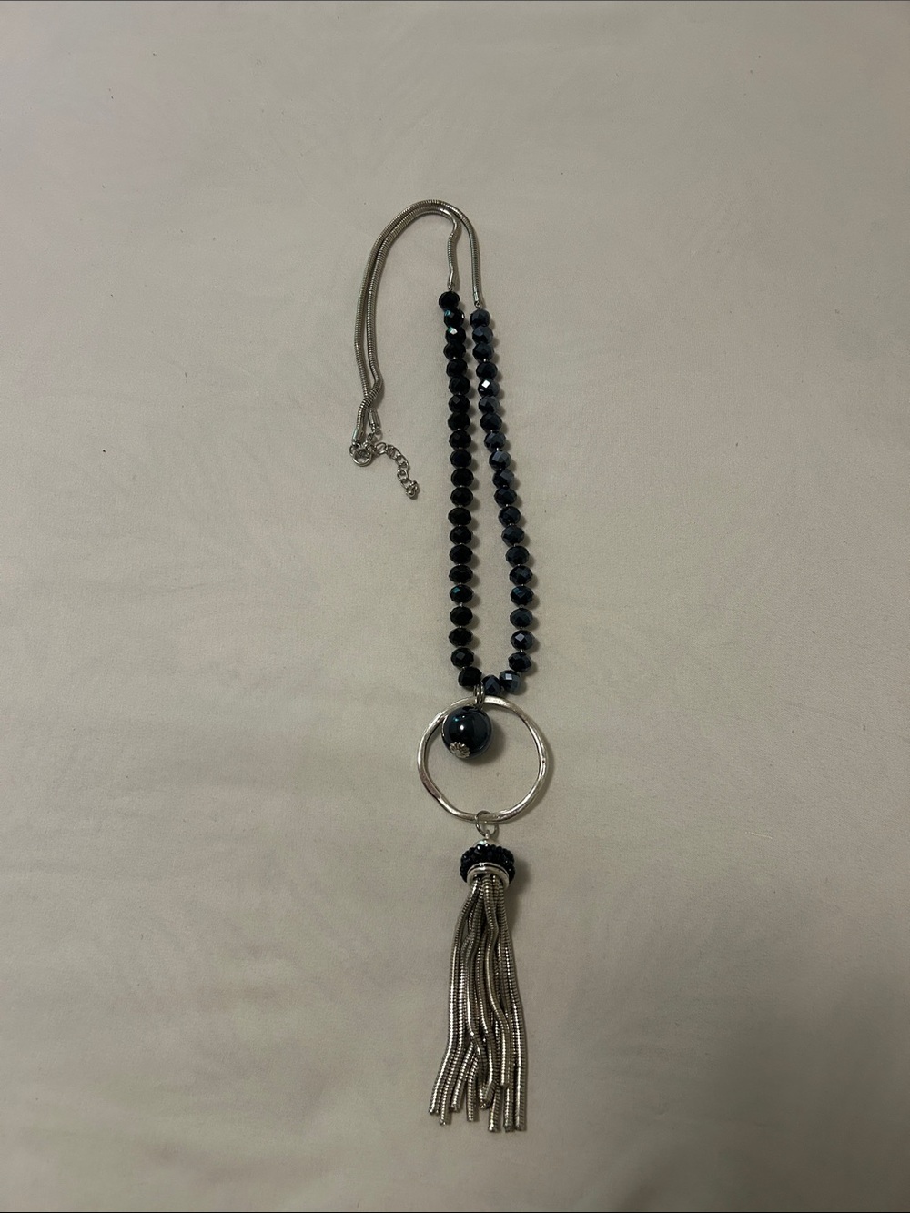 Elegant Black Beaded Tassel Pendant Necklace